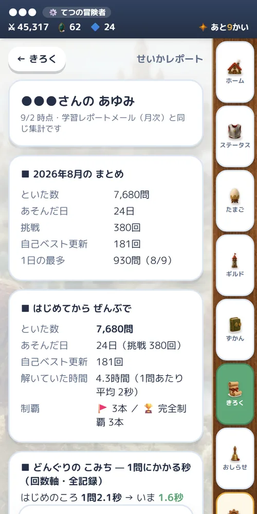 アプリ内の「せいかレポート」画面。「■ 2026年8月の まとめ」に といた数・あそんだ日・挑戦・自己ベスト更新・1日の最多、「■ はじめてから ぜんぶで」に といた数・あそんだ日・自己ベスト更新・解いていた時間・制覇が並び、その下にダンジョンごとの「1問にかかる秒」が続く